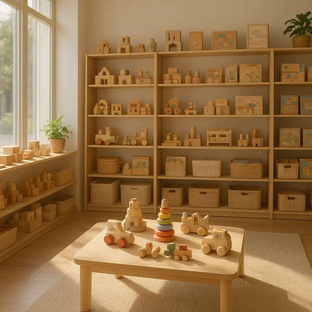 Heller, ordentlicher Spielzeugladen mit Holzspielzeug und Brettspielen