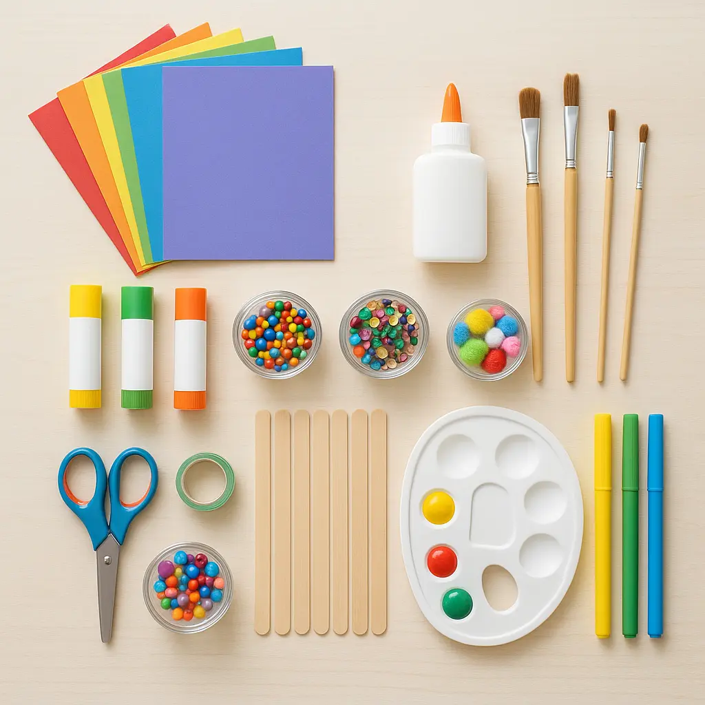 Bastelmaterialien wie Papier, Pinsel und Perlen
